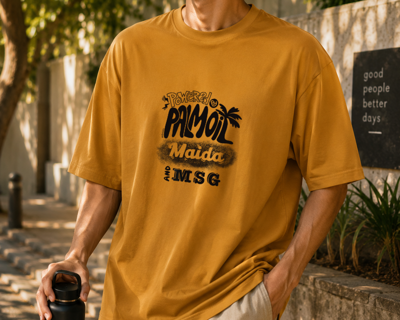 Person wearing a maroon t-shirt with white text standing outdoors.